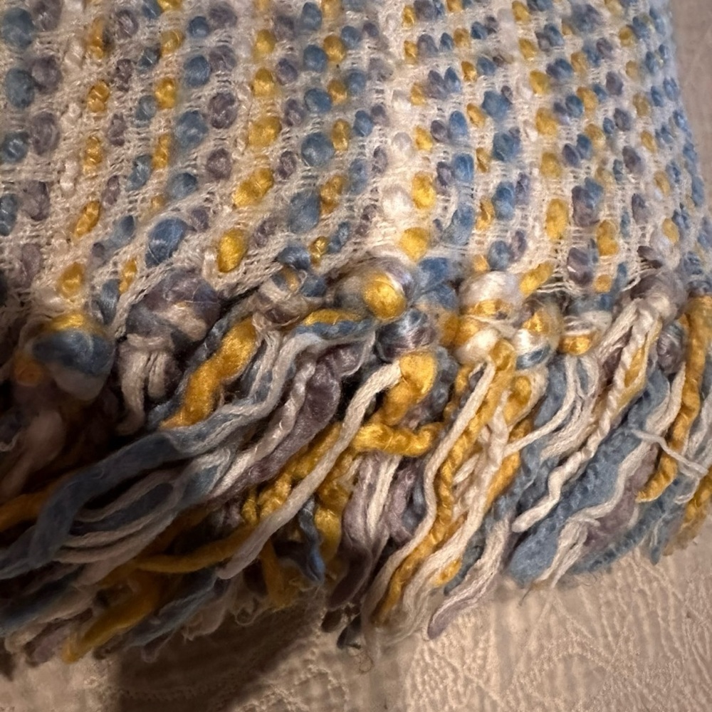 Cynthia Rowley blue/ yellow throw with fringe! Super soft! Used condition! - Picture 2 of 7